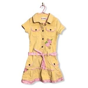 No Kidding | Yellow Corduroy Dress w/ Floral Pink •